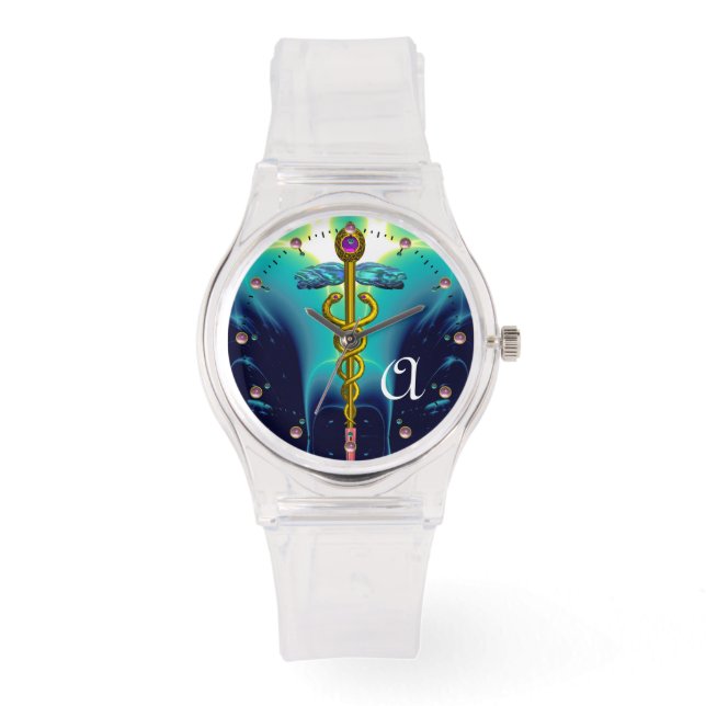 Relógio MONOGRAMA CADUEUS Dourado,Azul Aqua,Teal (Frente)