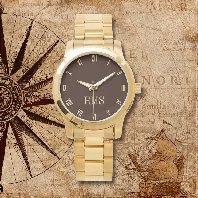Relógio Monograma castanho moderno de tamanho Dourado exce (Modern Dark Brown Monogram Oversized Gold Bracelet Watch)