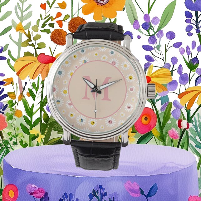 Relógio Monograma Colorido Smiling Daisy personalizado (Colourful Monogram Smiling Daisy personalised Watch)