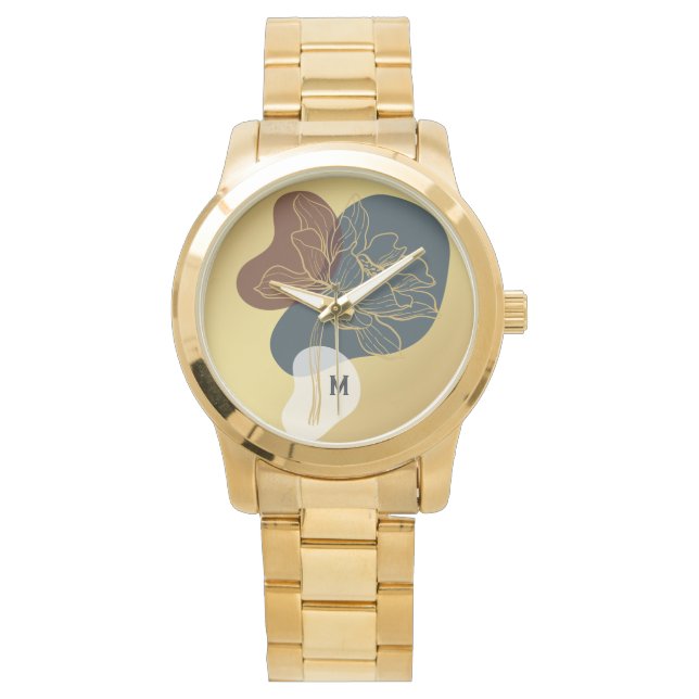 Relógio Monograma Contemporâneo Floral Dourado Unisex Whim (Frente)
