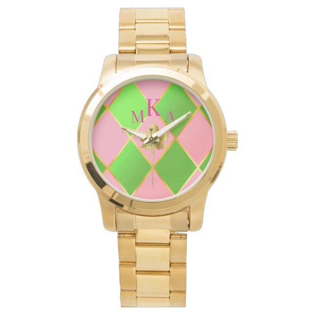 Relógio Monograma de Argyle Dourado, cor-de-rosa e verde (Frente)