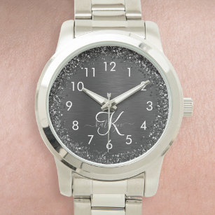 Relógio Monograma de brilho preto personalizado