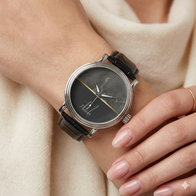 Relógio Monograma de dourado de mármore preto (Criador carregado)