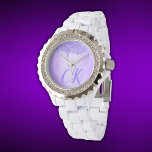 Relógio Monograma de Iniciais com Glitter Roxo |<br><div class="desc">Adorem o vosso pulso com elegância eterno usando o relógio de esmalte branco de rotinas desta mulher. Com um monograma inicial personalizado em roxo com brilho roxo deslumbrante, este relógio adiciona um toque de brilho e sofisticação ao seu estilo cotidiano. Perfeito para aqueles que apreciam uma combinação de funcionalidade e...</div>
