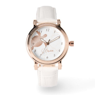 Relógio Monograma de Mármore Branco Tartaruga Dourado Rosa