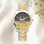 Relógio monograma de ouro preto aniversário de 21 anos<br><div class="desc">Elegante, clássico, glamouroso e feminino. Um arco e fita coloridos de ouro, um pouco de bico e luxo para um presente de aniversário ou guarnição. Fundo preto. Modelos para o nome dela e 21 anos. O nome é escrito com um moderno estilo escrito à mão. Números coloridos do ouro de...</div>