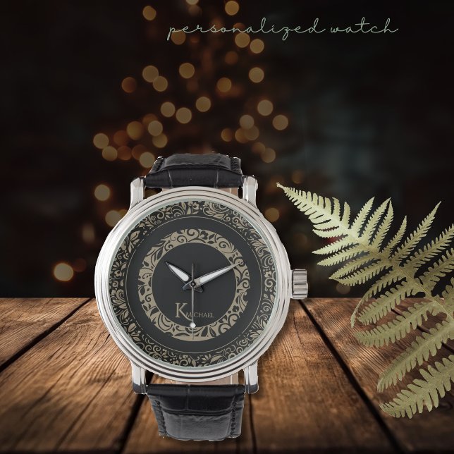 Relógio Monograma de Padrão Floral Dourado Preto Personali (Personalized Black Gold Floral Pattern Monogram Watch)