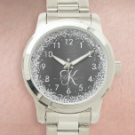 Relógio Monograma do Sparkle Preto com Glitter de Prata Pe<br><div class="desc">Personalize facilmente este elegante design de relógio de moda com brilho bonito prateado em um fundo metálico escovado preto.</div>