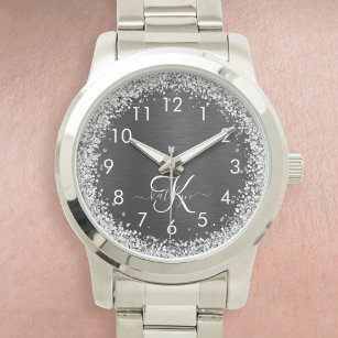 Relógio Monograma do Sparkle Preto com Glitter de Prata Pe
