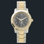Relógio Monograma Dourado de brilho preto com brilho perso<br><div class="desc">Personalize facilmente este elegante design de relógio de moda com brilho bonito de ouro brilhante num fundo metálico escovado preto.</div>