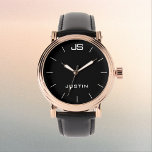 Relógio Monograma e Rosa de Nome Pulso Banda Negro de Home<br><div class="desc">Este elegante relógio de pulso de na moda dourado-rosa é decorado com uma banda preta robusta, cara preta, e personalizado com monograma e nome. Você pode facilmente alterar o monograma e/ou o nome e excluir as marcas de escala brancas, se desejar. Que presente maravilhoso para ele - um melhor homem,...</div>