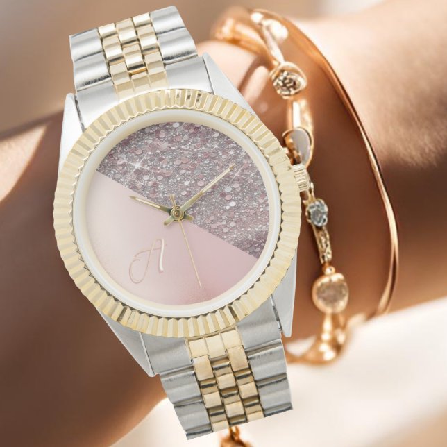 Relógio Monograma Elegante em Dourado Rosa (Elegant rose gold monogram watch with glitter detail, personalized with your first initial.)