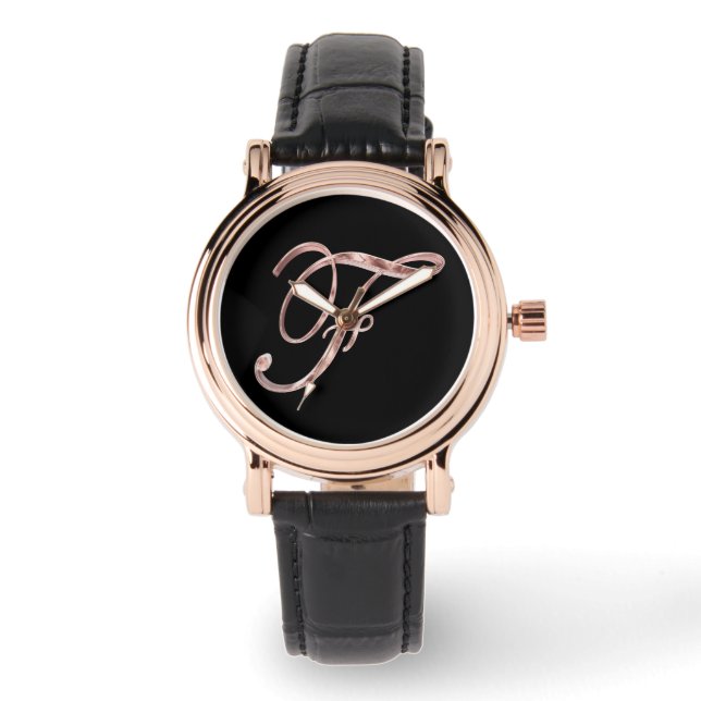 Relógio Monograma elegante F Rosa preto Dourado (Frente)