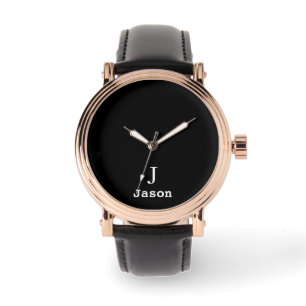Relógio Monograma Elegante Nome inicial Preto Personalizad