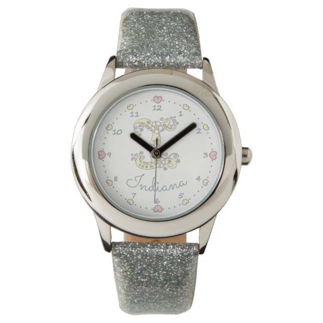 Relógio Monograma, eu rabisco, coração, arte, Indiana (Frente)