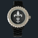 Relógio Monograma Fleur De Lis Moderno, preto e branco sim<br><div class="desc">Fleur De Lis Monograma Mulheres a Observar o Bracelete do Enamel Negro com Rhinestones - Personalize com o seu inicial ou apague se desejar. O fleur-de-lis ou fleur-de-lys é um lírio estilizado, íris ou flor de lótus e é um símbolo tradicional da realeza. A na moda, design moderna, branca e...</div>