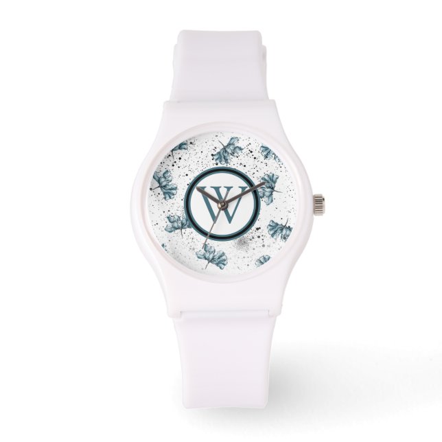 Relógio Monograma Floral azul de aço elegante (Frente)