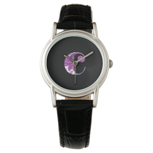 Relógio Monograma Floral Azul Roxo C Watch (Frente)