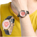 Relógio Monograma Inicial Personalizado Coral Coral Cor de<br><div class="desc">Faça com que este pulso assista um presente personalizado especial. Ele apresenta um fundo de aquarela coral que complementa a letra inicial monograma e nome centrado no coração de coral cercado por pontos. Personalize o texto nos campos modelo, remova um ou ambos ou clique em personalizar para selecionar um estilo...</div>