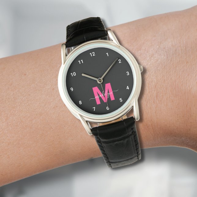 Relógio Monograma Mínimo e Elegante de Rosa Preto (Elegant Minimalist Black Pink Monogram Watch)