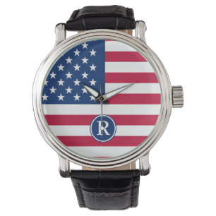 Relógio Monograma Personalizado Azul Branco Patriótico Ame