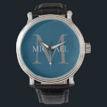 Relógio Monograma Personalizado e Nome Oceano Azul<br><div class="desc">Monograma Elegante Personalizado e Presentes de Nome com monograma personalizado no estilo de letra serif clássico com caixa de nome no meio do monograma.</div>