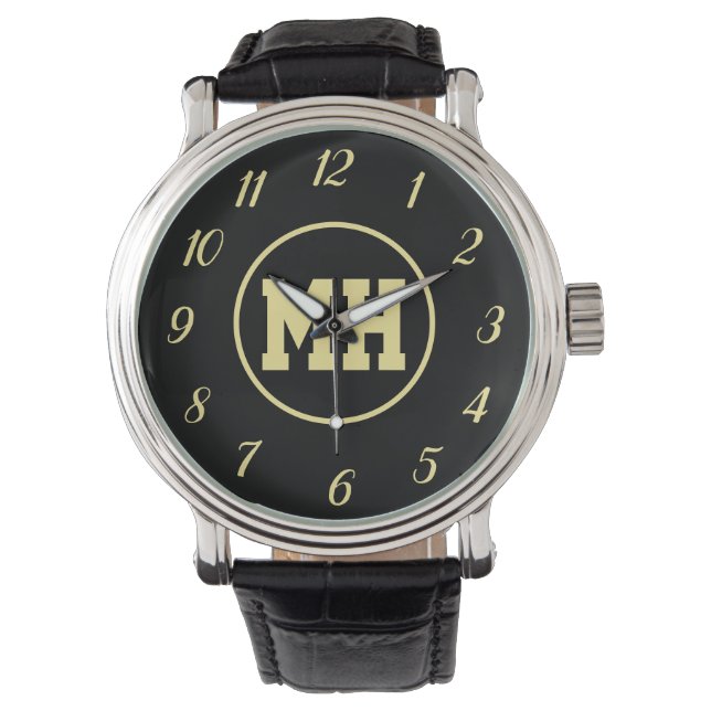 Relógio Monograma preto Elegante moderno Dourado (Frente)