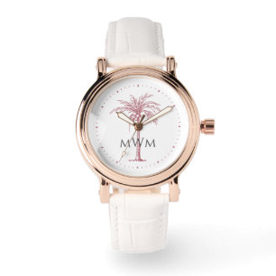 Relógio Monograma Rosa Artístico Dourado Palm Tree Tropic