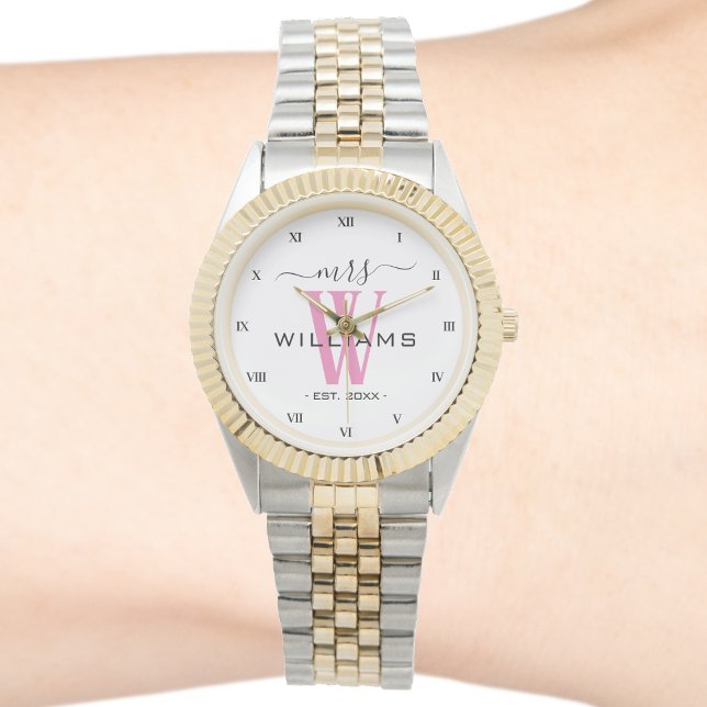 Relógio Monograma Rosa Esposa Noiva Sra. Casamento Anivers (mrs wife monogram roman numeral two tone watch)