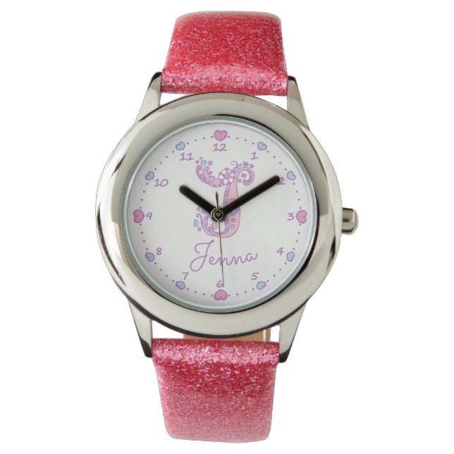 Relógio Monogramas garotas J doodle art Jenna name watch (Frente)