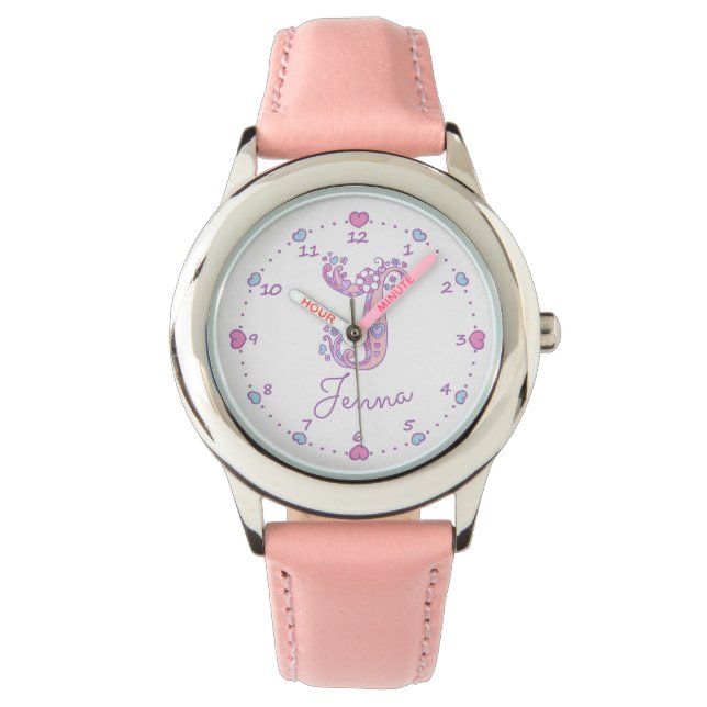 Relógio Monogramas garotas J doodle art Jenna name watch (Frente)