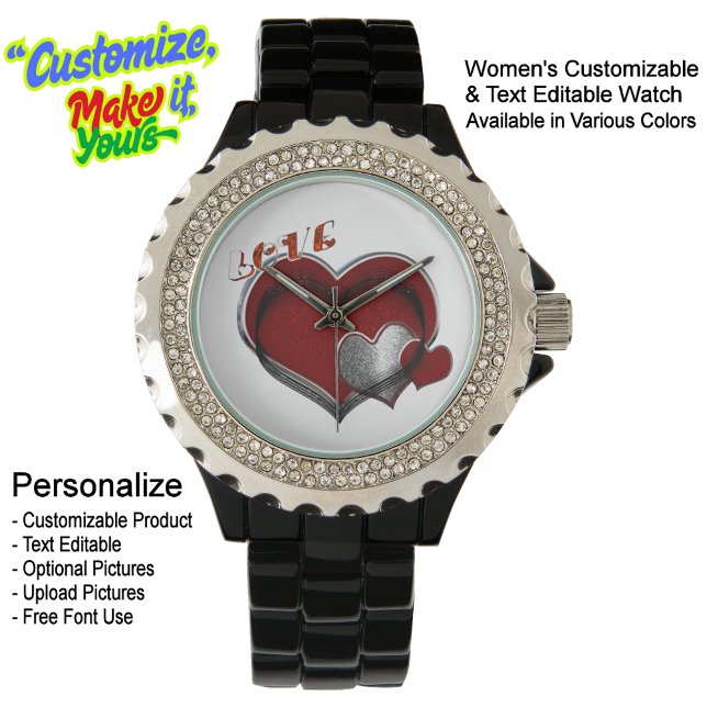 Relógio Mulher Coração Magia Vermelho Branco Rinoestone Ne (Women's Heart Magic Black Rhinestone Enamel Watch Featuring White Face.)