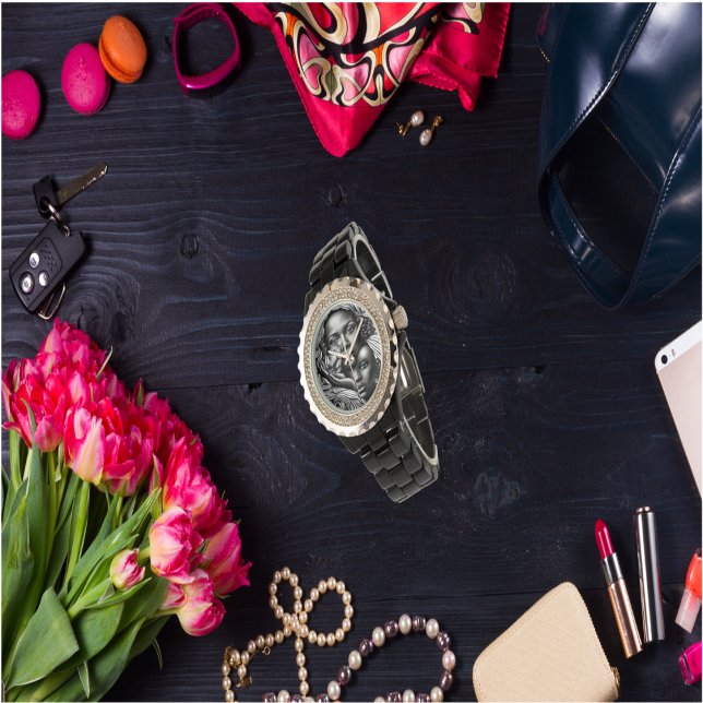 Relógio Mulheres Abstrato africanas de preto e branco (Criador carregado)