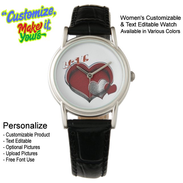 Relógio Mulheres Coração Magia, Coleção Negra Clássica (Heart Magic Classic Black Women's Leather Watch White Face - Customizable & Text Editable.)
