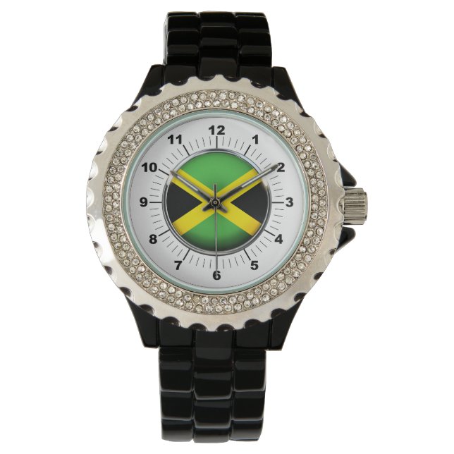 Relógio Mulheres na Jamaica Flag Rhinestone Black Enamel W (Frente)