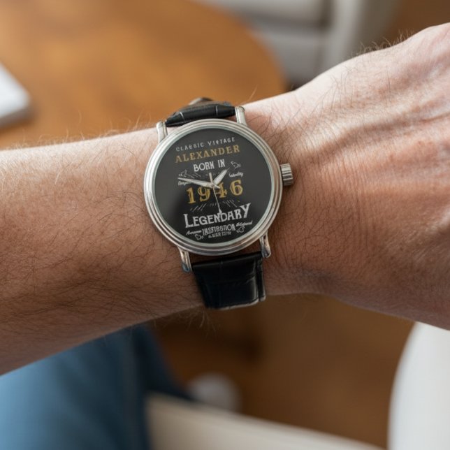 Relógio Nascer de aniversário de 80 personalizado preto 19 (Personalized dress watch on  a mans wrist. )
