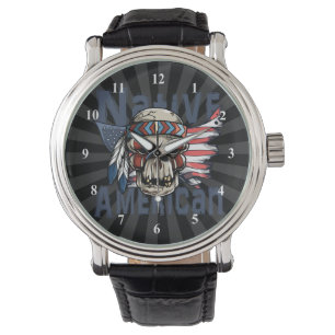 Relógio Nativo Americano de Guerra Indígena Skull USA Flag