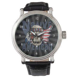 Relógio Nativo Americano de Guerra Indígena Skull USA Flag