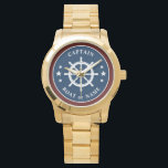 Relógio Náutica Navio Helm Wheel Capitão Boat Name Marinho<br><div class="desc">Um helicóptero náutico sobre navios - Roda com o título Capitão Rank ou outro título e o seu nome ou nome do barco num Na moda Watch. Este Pocket Watch personalizado não só vai chegar o tempo, como também é uma peça divertida de conversa. Perfeito para o Dia de os...</div>