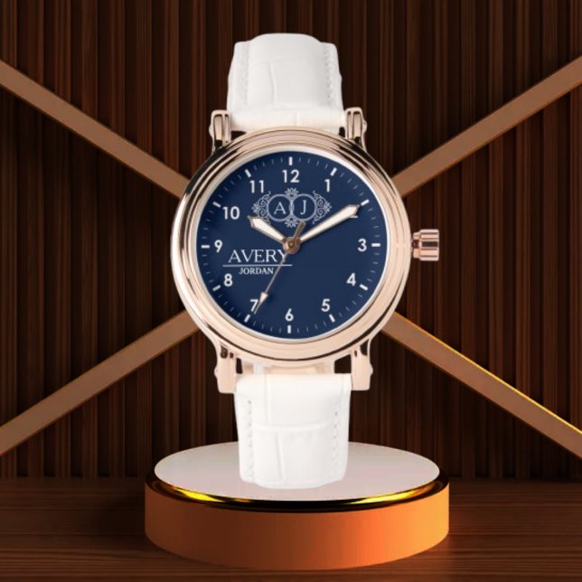 Relógio Navy Blue Personalized Custom Monogram Luxury Gift (Criador carregado)
