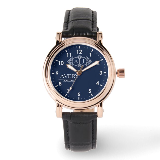 Relógio Navy Blue Personalized Custom Monogram Luxury Gift (Frente)