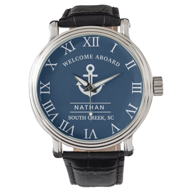 Relógio Navy Blue Welcome Aboard Custom Monogram Name (Frente)