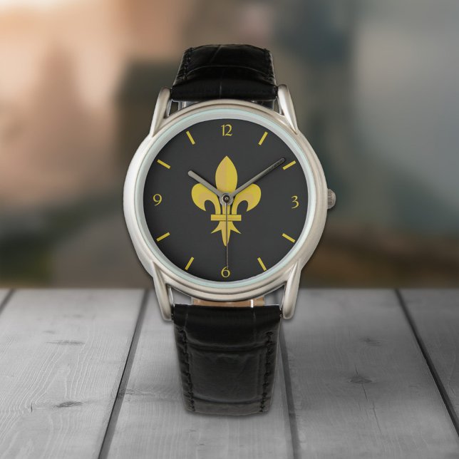 Relógio Negro com Fleur de Lis Dourado (Gold Fleur de Lis Black Watch)