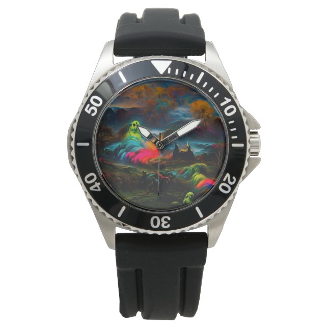 Relógio Neon Ghosts em uma paisagem fantasia assombrada (Frente)