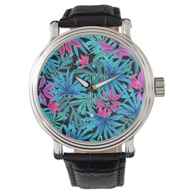 Relógio Neon Pink e Blue Tropical Plant PatterWatch (Frente)