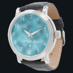 Relógio Nome branco azul-oceano<br><div class="desc">Um fundo azul oceânico. Personalize e adicione seu nome, letras brancas. Números faciais do relógio branco.</div>