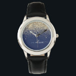 Relógio Nome da Rapariga do Monograma de Script Azul do Ma<br><div class="desc">Marinho Blue e Dourada Sparkle Glitter Script Monograma Name Watch. Isto faz o doce e perfeito aniversário de 16 anos,  casamento,  chá de panela,  aniversário,  chá de fraldas ou festa de solteira presente para alguém que ama luxo de luxo e estilos quíticos.</div>