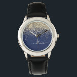 Relógio Nome da Rapariga do Monograma de Script Azul do Ma<br><div class="desc">Marinho Blue e Dourada Sparkle Glitter Script Monograma Name Watch. Isto faz o doce e perfeito aniversário de 16 anos,  casamento,  chá de panela,  aniversário,  chá de fraldas ou festa de solteira presente para alguém que ama luxo de luxo e estilos quíticos.</div>