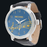 Relógio Nome das notas de música de ouro azul<br><div class="desc">Simples e elegante para um amante ou músico! fundo azul marinho com notas falsas de música dourada. Modelo para o seu nome,  cartas de ouro. Números de relógio do ouro.</div>