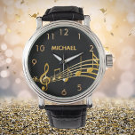 Relógio Nome das notas de ouro preto<br><div class="desc">Simples e elegante para um amante ou músico! Fundo preto com notas falsas de ouro. Modelo para o seu nome, cartas de ouro. Números de relógio do ouro.</div>